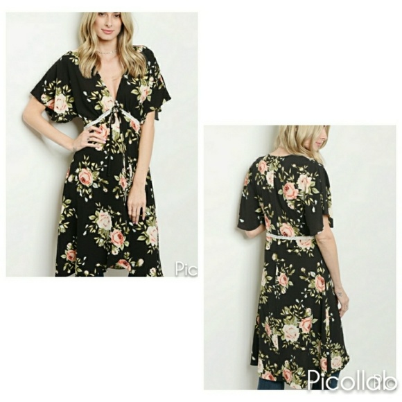 Black Floral Tie Front Top/Kimono - Picture 2 of 5